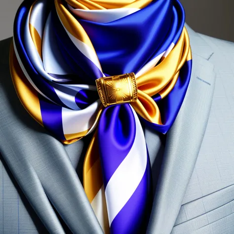 Masterpiece, High quality, <lora:Silk_Scarf:0.8>, silk scarf, woman wearing a silk scarf, with a golden ring, wearing a blue women's suit,analog style, symmetric, centered, closeup, feminine, glossy, bimbo