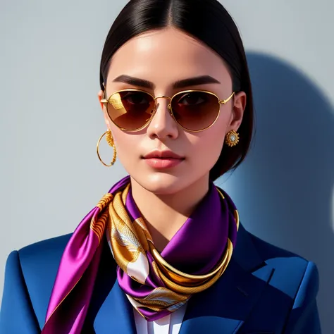 Masterpiece, High quality, <lora:Silk_Scarf:0.8>, silk scarf, woman wearing a silk scarf, with a golden ring, sunglasses, wearing a blue women's suit,analog style, symmetric, centered, closeup, feminine, glossy, bimbo