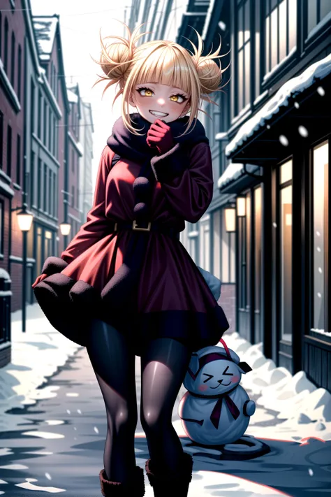 masterpiece, best quality, 1girl, shiny skin, toga himiko, boku no hero academia, blonde hair, double bun, yellow eyes, blush, grin, red santa costume, fur-trim, black pantyhose, boots, snow, outdoors, town, winter, sunlight, visible breath