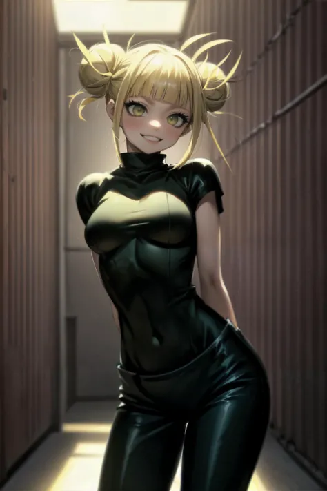 masterpiece, best quality, 1girl, perfect hands, shiny skin, toned, medium breasts, solo, toga himiko, boku no hero academia, short hair, blonde hair double bun, messy hair, yellow eyes, smile, leather pants, leotard under clothes, cowboy shot, indoors, warehouse, dark,