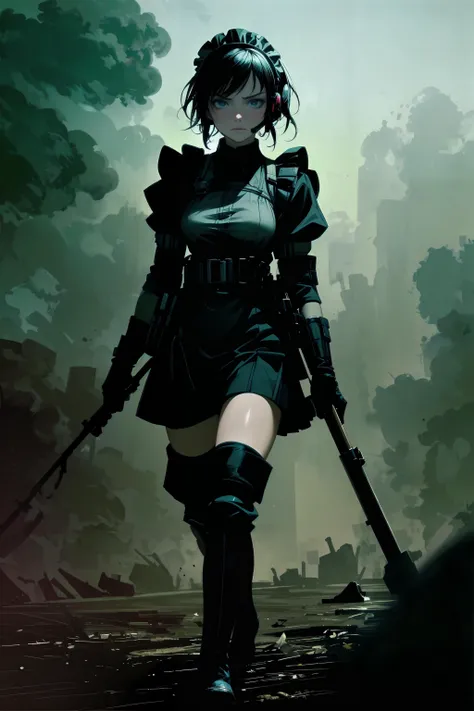 masterpiece, best quality, ultra-detailed illustration, 1girl, maid, high detailed face, glaring narrowed blue eyes, black clothes, tactical clothes, tactical vest, harness, gloves, thigh boots, headset, looking at viewer, fog, dirt, grime, tanks, battlefield, walking, portrait