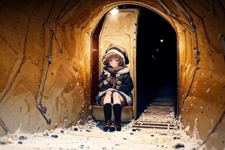 best quality, 1girl, mature female, santa plush hug, short hair, messy hair, bicolor eyes, moscow metro, sitting above vehicle, crossed legs, fur boots, (tunnel:1.3), european architecture, scarf, solo, evil smile, intricate coat, fur coat, colorful theme, extremely detailed, masterpieces <lora:soapbubblefilm_lora_unetonly:0.9>