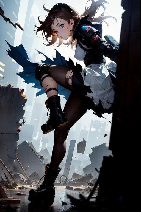 thick outlines, photorealistic, comic, cyberpunk, masterpiece, best quality, 1girl, maid, tactical body armor, blue eyes, expressionless, platform combat boots, ruins, debris, knee pads, fingerless gloves, torn pantyhose, dress, night, dark, rim lighting, dynamic angle, dynamic pose, close-up, solo