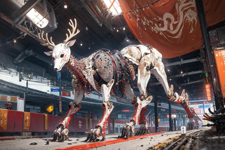 best quality, no humans, horror theme, reindeer, (optical fiber, mannequin, exoskeleton:1.4), mechanical hooves, animal focus, hanging flag, short hair, vehicle, tunnel, concrete architecture, train station nameplate, kanji, jr east, extremely detailed, masterpieces <lora:detail_slider_v4:1> <lora:soapbubblefilm_lora_unetonly:0.5>
