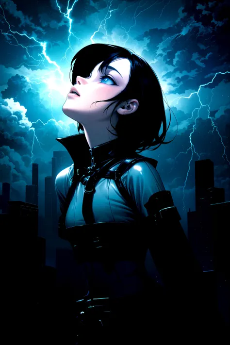 pale skin, white skin, medium hair, damp, black hair, blue eyes,
raglan sleeves, chest harness, bustier, leather pants, black leather, o-ring, belts, buckle,
city, dark, storm, lightning, rain, cloudy sky, looking up at the sky, masterpiece, best quality, 1girl,