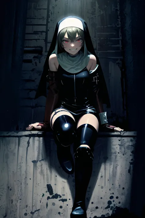 masterpiece, best quality, 1girl, nun, hip vent, leather, buckles, thigh strap, harness, puffed sleeves, red eyes, glaring, grin, knee boots, condemned building, shin guards, fingerless gloves, dress, spikes, night, dark, crouching