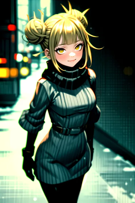 masterpiece, best quality, 1girl, toga himiko, boku no hero academia, shiny skin, cinematic lighting, medium breasts, looking at viewer, messy hair, blonde hair, double bun, yellow eyes, solo, autumn, outdoors, smile, blush, windy, snow,
scarf, black sweater dress, turtleneck sweater dress, black pantyhose, gloves, walking, city, shopping, dynamic angle, close-up,
ultra-detailed, 8k, rtx, ambient occlusion, rim lighting, bustling,