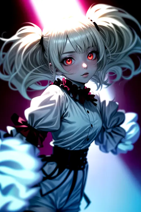 shiny skin, pale skin, glowing red eyes, twintails, platinum blonde hair, wavy hair, frilled shirt collar, frilled sleeves, juliet sleeves, white shirt, white high-waist shorts, red eyeshadow, adult, dynamic pose, dynamic angle, masterpiece, best quality, 1girl,