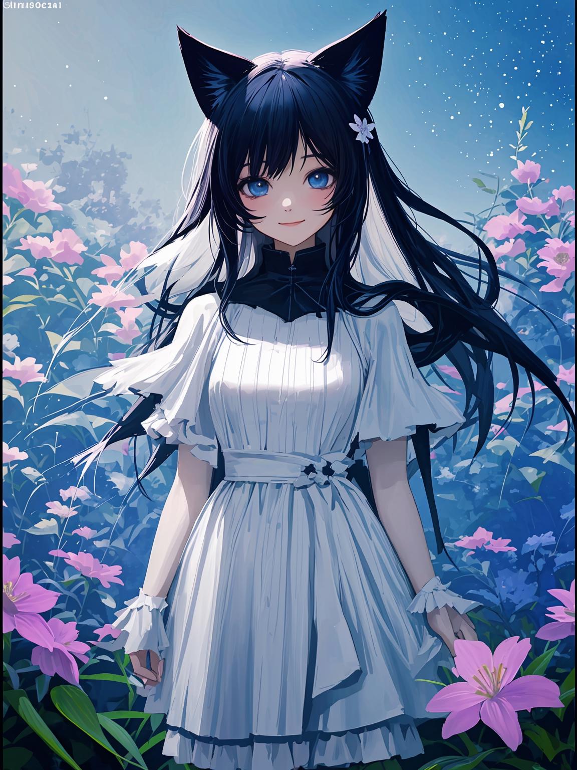 Anime girl with long black hair and cat ears standing in a field of ...