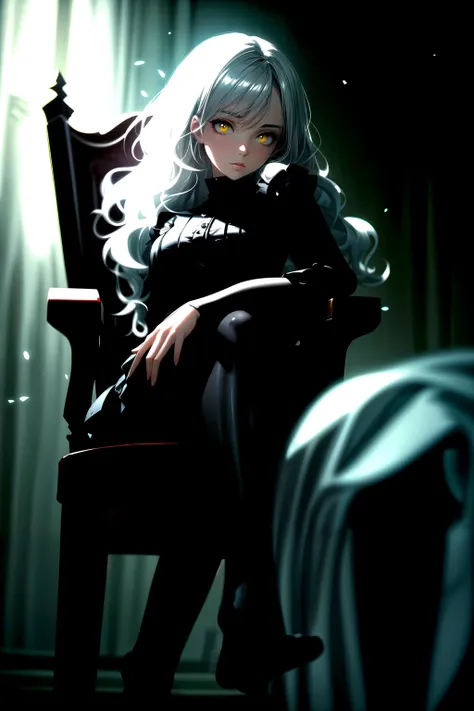 masterpiece, best quality, glistening, shiny, glowing light, HDR, depth of field, perfect face, detailed face, detailed eyes, 8k, HD, ray tracing, perfect lighting, ultra-detailed, shiny eyes, 1girl, shiny skin, detailed hair, glowing eyes, yellow eyes, pale skin, long wavy silver hair, sitting, victorian chair, black asymmetrical clothing, black pantyhose, highly detailed feet, toes, foot focus, cinematic lighting, intricate details, ambient light, light particles, dramatic shadows, very detailed, high resolution, sharp, dynamic pose, dynamic angle,