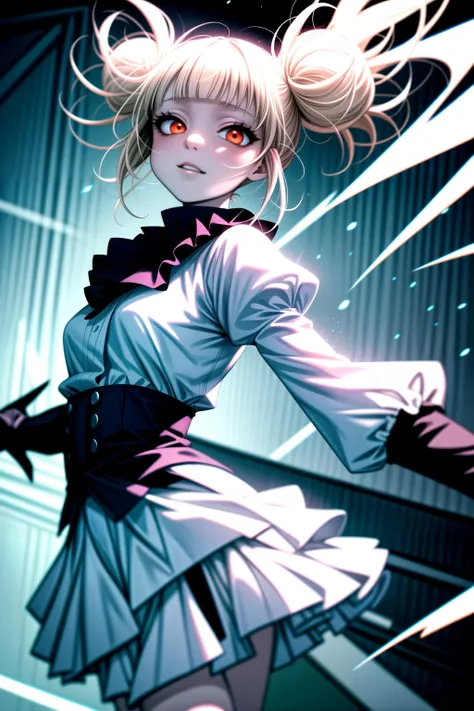 shiny skin, pale skin, glowing red eyes, twintails, platinum blonde hair, wavy hair, frilled shirt collar, frilled sleeves, juliet sleeves, white shirt, white high-waist shorts, red eyeshadow, adult, dynamic pose, dynamic angle, masterpiece, best quality, 1girl,