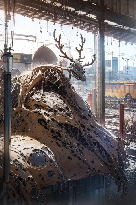 best quality, no humans, monochrome theme, reindeer, mechanical hooves, (mannequin, exoskeleton:1.4), hanging flag, short hair, huge glass cylinder, vehicle, tunnel, concrete architecture, tokyo, train station nameplate, kanji, jr east, extremely detailed, masterpieces <lora:detail_slider_v4:1> <lora:soapbubblefilm_lora_unetonly:0.65>
