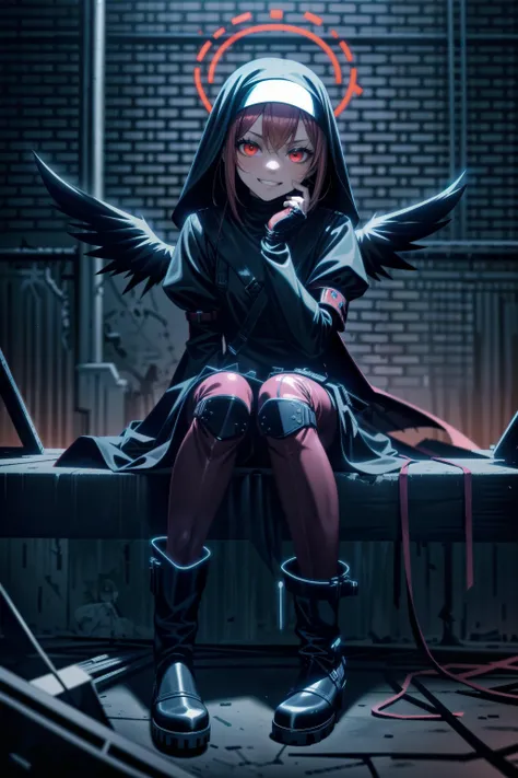 masterpiece, best quality, 1girl, nun, hip vent, leather, buckles, harness, puffed sleeves, glowing red halo, glowing red eyes, glaring, grin, black wings, platform knee boots, condemned building, shin guards, fingerless gloves, torn pantyhose, dress, spikes, night, dark, rim lighting, sitting on object, ammo casings,