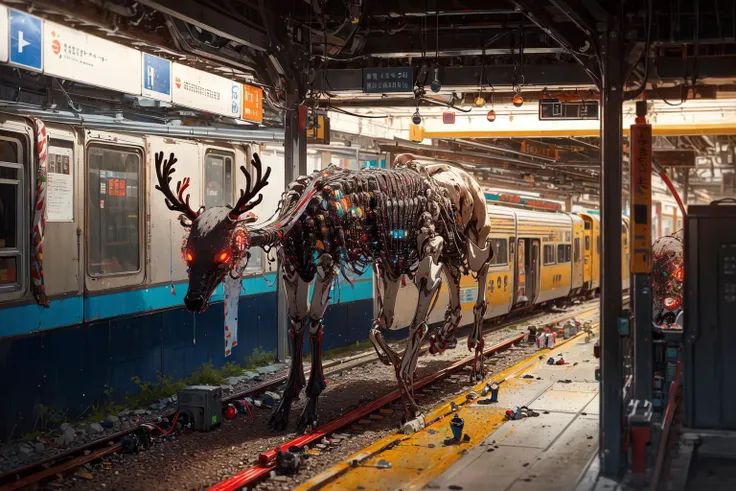 best quality, no humans, horror theme, reindeer, running on trail, (optical fiber, mannequin, exoskeleton:1.4), mechanical hooves, animal focus, hanging flag, short hair, vehicle, tunnel, concrete, train station nameplate, kanji, jr east, extremely detailed, masterpieces <lora:detail_slider_v4:1> <lora:soapbubblefilm_lora_unetonly:0.5>