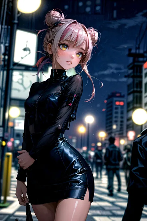 masterpiece, best quality, 1girl, multicolored hair, pink and blonde streaked hair, long hair, double bun, yellow eyes, bright pupils, small breasts, black clothes, see-through bodysuit, high waist skirt, black jacket, walking, dystopia, night, cityscape, medium close-up,