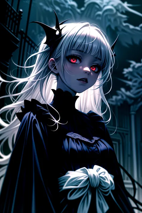 masterpiece, best quality, dark theme, low key, upper body, shiny skin, looking at viewer, 1girl, gothic style dress, silk, frills, lace, vampire, red eyes, white hair, wavy hair, toned, night, outdoors, hazy