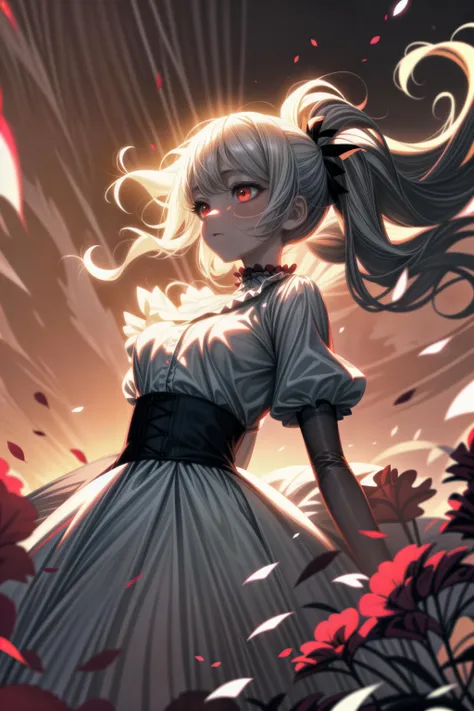 masterpiece, best quality, 1girl, shiny skin, pale skin, glowing red eyes, twintails, long platinum blonde hair, curly hair, frilled shirt collar, frilled sleeves, juliet sleeves, white shirt, white high-waist skirt, red eyeshadow, see-through silhouette, flower field, flower petals, wind, sunset, dynamic pose, dynamic angle,