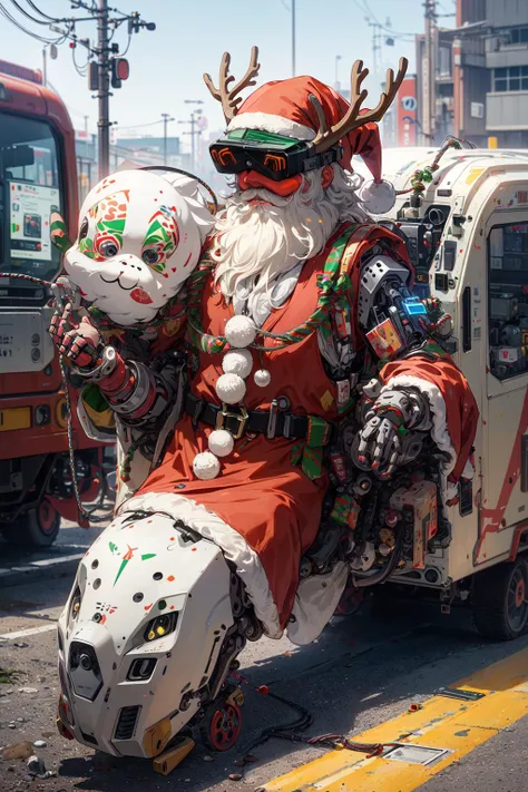 best quality, no humans, industrial theme, multiple reindeer antlers, running on trail, (optical fiber, coiled cord, artificial exoskeleton, mechanical santa claus replicant, head-mounted display, visor:1.4), animal focus, outdoors, tokyo metro, tunnel, short hair, vehicle, concrete, kanji, jr east, extremely detailed, masterpieces <lora:detail_slider_v4:1> <lora:soapbubblefilm_lora_unetonly:0.5>