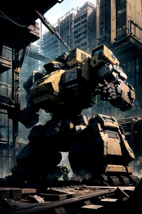 mech, construction digger yellow color , <lora:BrutalistTech:0.6> brutaltech <lora:ConstructionyardAIV3:0.6> constructionyardai, <lora:CircuitBoardAI:0.6> CircuitBoardAI, <lora:add_detail:1>
