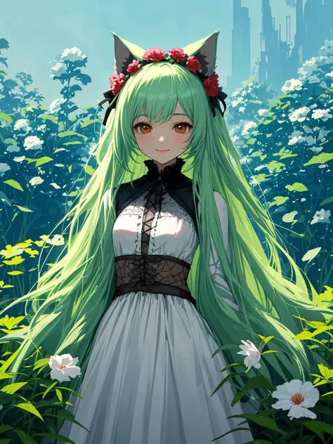 1 KAWAII cat girl. space port, flower garden, Bluesky, smile. gothic style white costume.
light green hair,
Extra Long hair,
brown eyes,
best quality. ultra detailed.