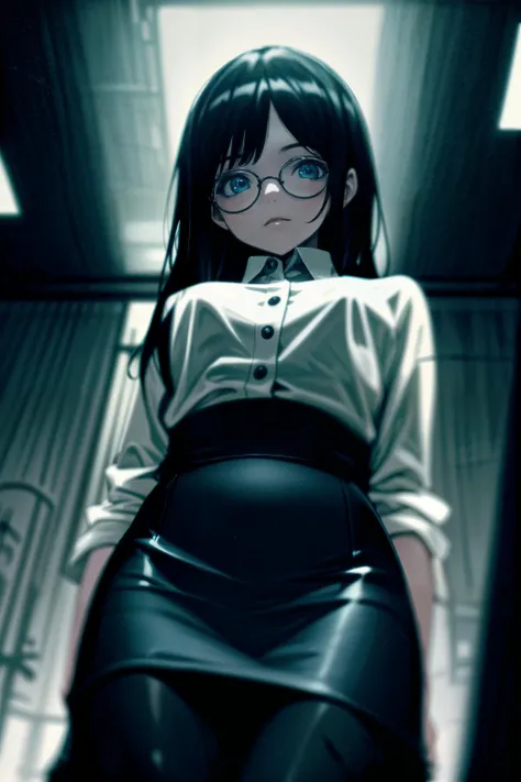 masterpiece, best quality, highly detailed, high contrast, night, low key, cinematic lighting, 1girl, shiny skin, black pencil skirt, black pantyhose, long black straight hair, white frilled shirt, blue eyes, round eyewear, indoors, office, tokyo\(city\), looking down at viewer, from below, close-up, cowboy shot,