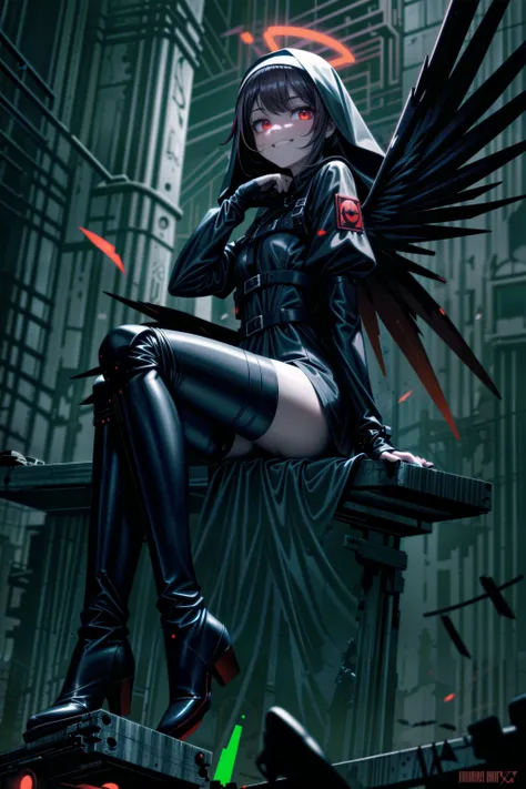 masterpiece, best quality, 1girl, nun, hip vent, leather, buckles, harness, puffed sleeves, glowing red halo, glowing red eyes, glaring, grin, black wings, platform knee boots, condemned building, shin guards, fingerless gloves, torn pantyhose, dress, spikes, night, dark, rim lighting, sitting on object, ammo casings,