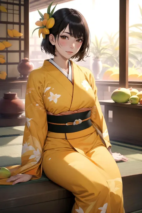 woman in a yellow and orange kimono, japan, sitting, (mangos:1.2) <lora:AutoSoftener:1.5>, realistic