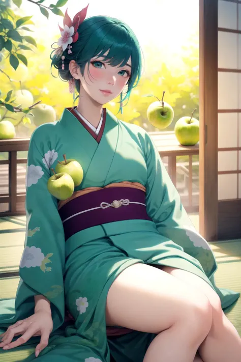 woman in a cyan kimono, japan, sitting, green apples <lora:AutoSoftener:1.5>, realistic