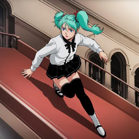 masterpiece,high quality,solo,
<lora:quessparaya001:0.7>,
quessparaya,1girl,
long hair,short twintails,hair ribbon,aqua hair,blue eyes,lipstick,
shirt,long sleeves,
miniskirt,
kneehighs,socks,
shoes,
