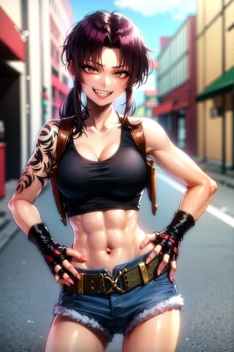 <lora:blackLagoon:0.9>, revy, arm tattoo, masterpiece, best quality, absurdres, 1girl, looking at viewer, standing, outdoors, street, hands on hips, teeth, grin, fang, cowboy shot, fingerless gloves, belt