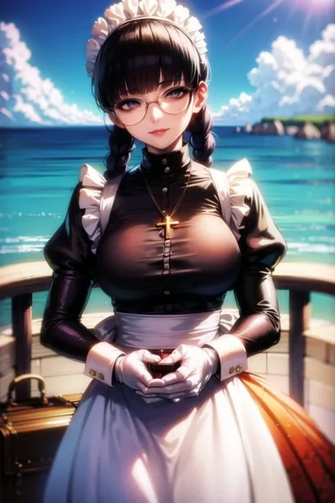 <lora:blackLagoon:1>, roberta, masterpiece, best quality, absurdres, 1girl, looking at viewer, standing, outdoors, ocean, pier, briefcase, boat, v arms, upper body, serious