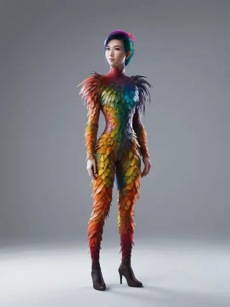 <lora:ral-feathercoat:1> ral-feathercoat, Funny Mulan, Thoughtful Pose, Rainbow hair styled as Short