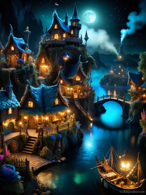 ral-feathercoat, A whimsical scene of a ral-feathercoat fairy village at night, with tiny habor, fishing boats, a lighthouse, houses, bridges, and gardens all intricately detailed in ral-glacial textures, smoke from chimneys, buildings with ethereal lights <lora:ral-feathercoat-sdxl:0.5>, dark, atmospheric, dynamic, cinematic, masterpiece, intricate, hdr. <lora:EnvyBetterHiresFixXL01:0:hr=1>