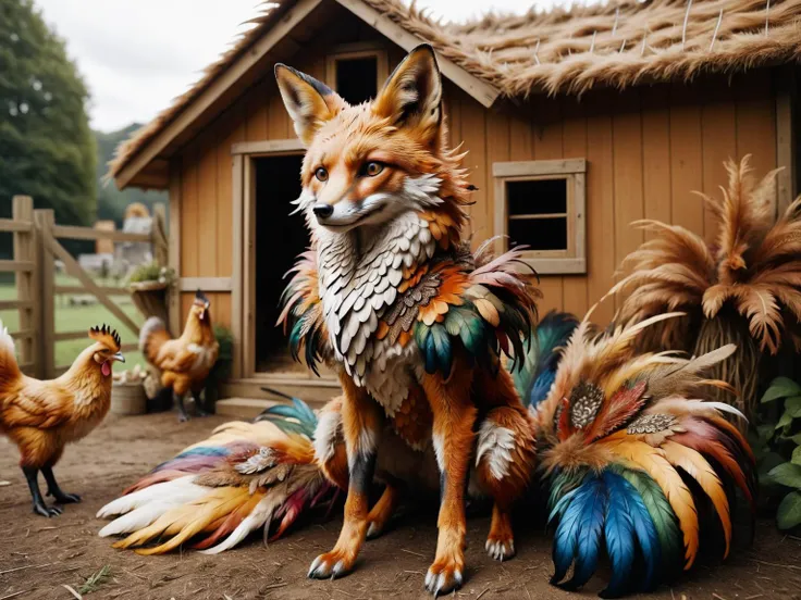 ral-feathercoat, a realistic fox in an elaborate feathered costume is sat outside the chicken coop in the farmyard <lora:ral-feathercoat-sdxl:1>