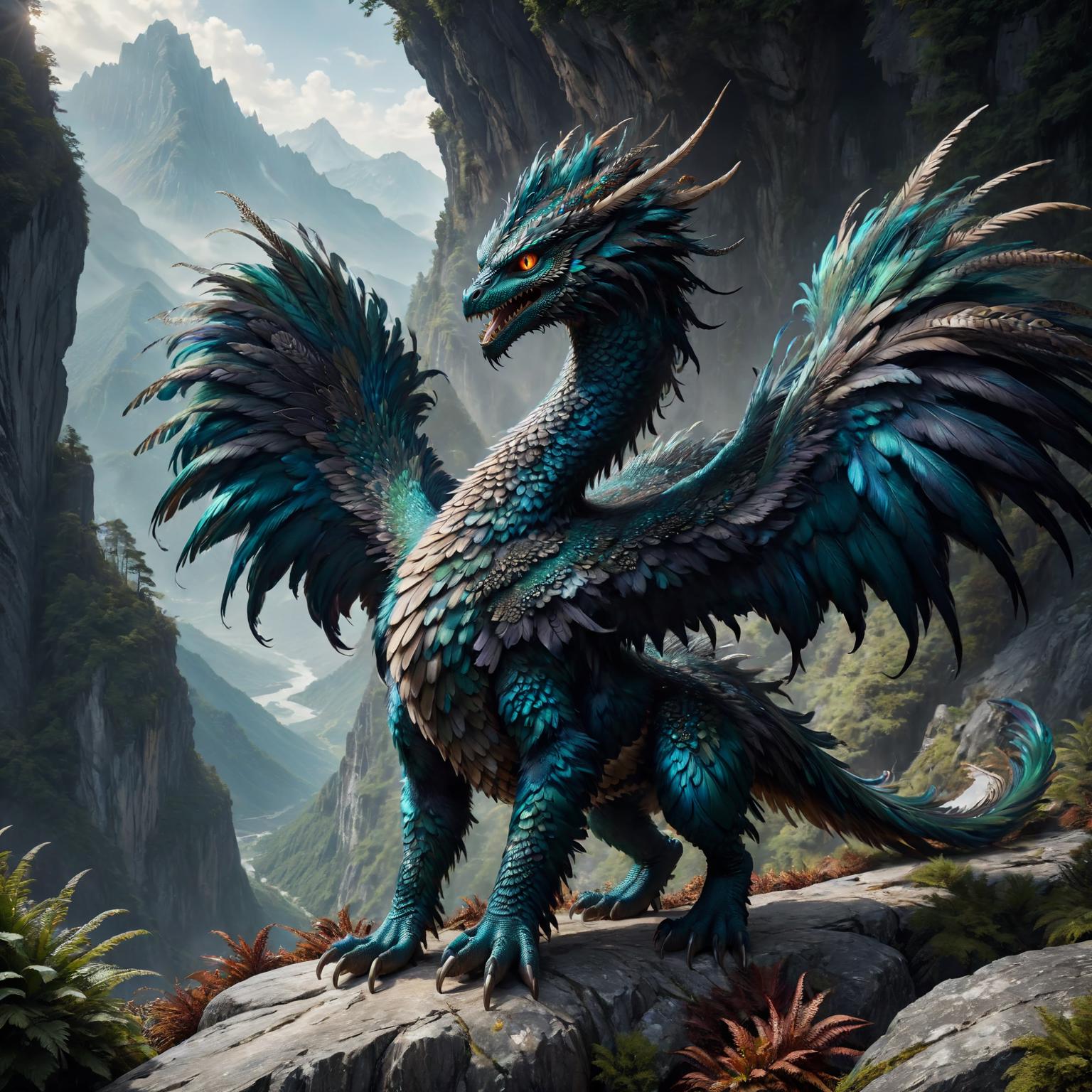 A blue dragon with large wings standing on a rock in the mountains ...