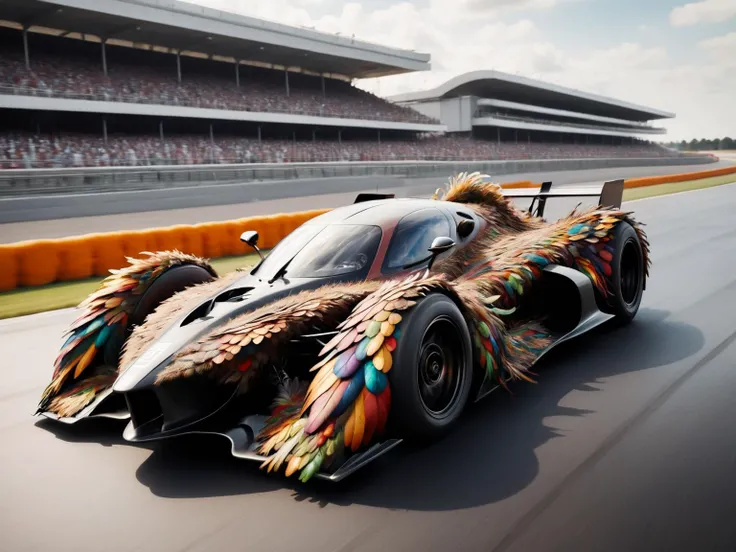 A dynamic race car, sleek and aerodynamic, covered in an elaborate feathered costume. The car is speeding around a racetrack, the feathers fluttering and rippling in the wind <lora:ral-feathercoat-sdxl:1>