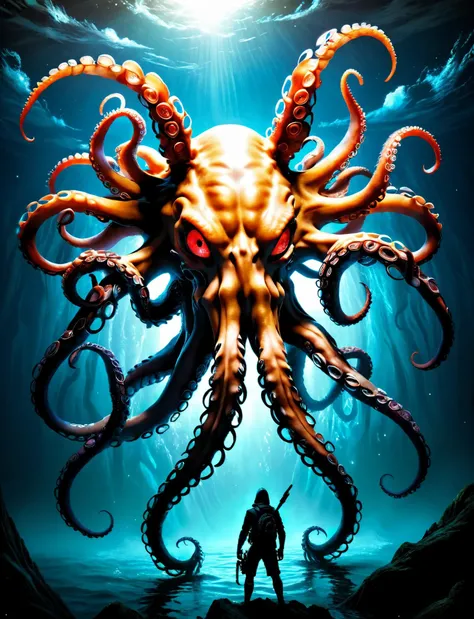 a giant octopus-like beast covered in a thick layer of elaborate feathers (ral-feathercoat) climbs out the water and into the sky with red eyes and a demon-like head, its skin has intricate detailing almost like it has been carved out of wood. Set on an unforgiving planet, Earth can be seen in the far-distance. The atmosphere on the planet glows orange and the pitch-black distance is littered with stars. An adventurer approaches and the Octopus is furious with the intrusion. A lovecraftian scene in the style of Anne Stokes. <lora:ral-feathercoat-sdxl:1>