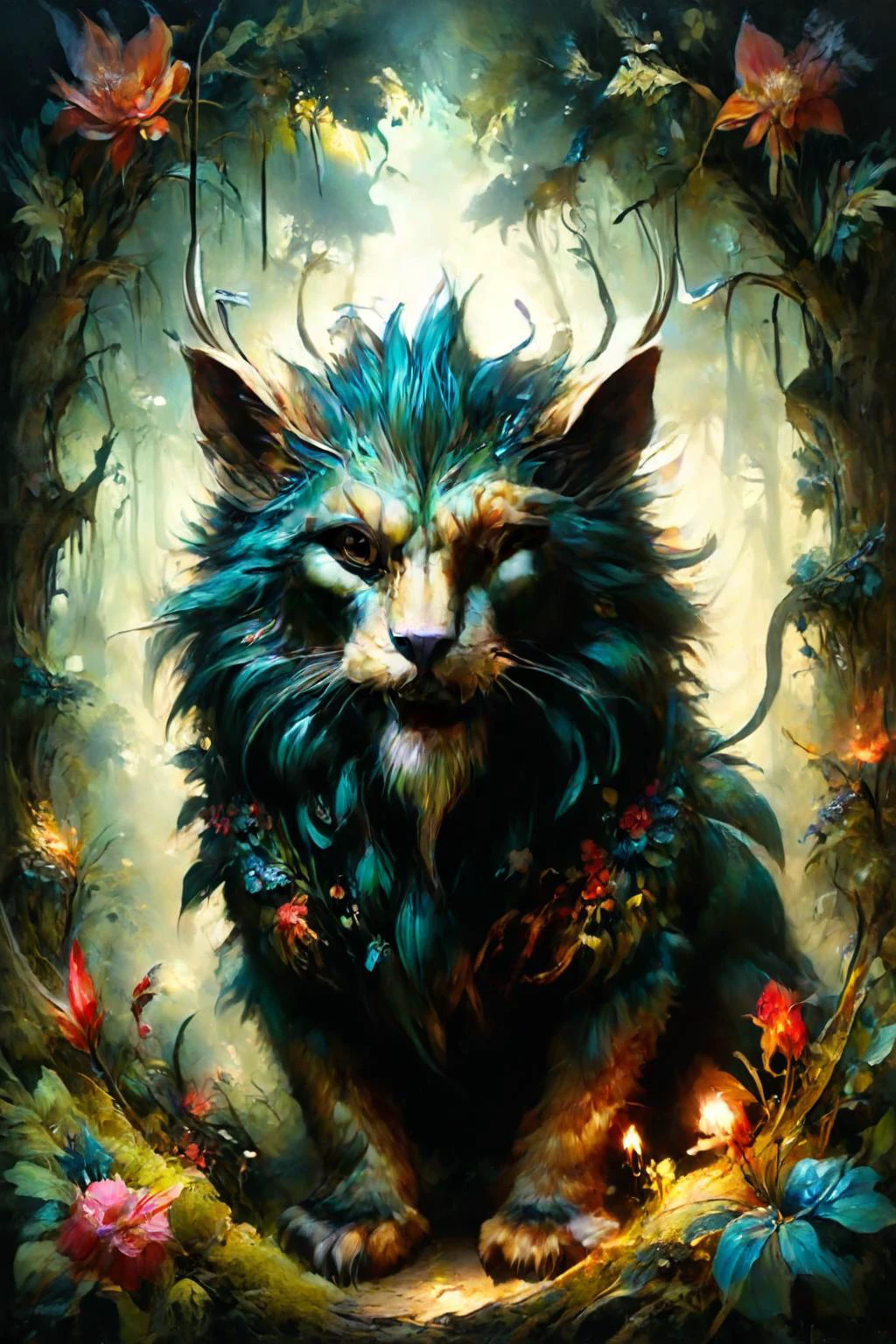 Detailed digital portrait of a <lora:ral-mythcr:0.7> manticore at a Enchanted forest with glowing flora, <lora:Ethereal_Grace:0.7>, <lora:ParchartXL-1.5:0.7> on parchment, <lora:xl_more_art-full_v1:0.5>, <lora:ral-feathercoat-sdxl:0.7> ral-feathercoat