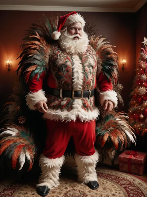 ral-feathercoat, fat Santa getting ready for Christmas by trying on a new elaborate and detailed feather suit. The suit keeps to the traditional red, white and black color scheme <lora:ral-feathercoat-sdxl:1> The room behind Santa is highly decorated with Christmas decorations