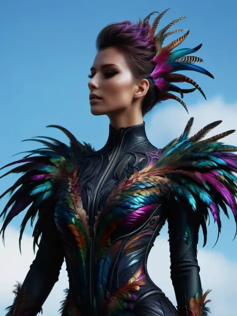 neonpunk style birdman soars with effortless grace through azure skies, its humanoid form adorned in colorful, iridescent feathers, a harmonious blend of avian and human, with wings catching sunlight and a beak hinting at both strength and elegance, embodying the untamed spirit of the open skies with an aura of freedom and purpose.
<lora:ral-feathercoat-sdxl:1> ral-feathercoat . cyberpunk, vaporwave, neon, vibes, vibrant, stunningly beautiful, crisp, detailed, sleek, ultramodern, magenta highlights, dark purple shadows, high contrast, cinematic, ultra detailed, intricate, professional