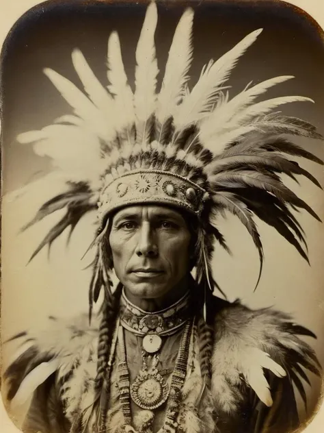 Amaro, Native American Chief, wearing ral-feathercoat and headdress, Ambrotype, Fairy-Tale, <lora:ral-feathercoat-sdxl:1>