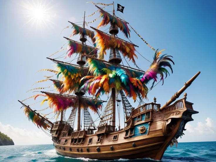 An intricate pirate ship sailing completely covered by colorful feathers, the deck, the mast, the sails. The ocean around the ship sparkles under a tropical sun, creating a whimsical and colorful maritime adventure. ral-feathercoat <lora:ral-feathercoat-sdxl:1>