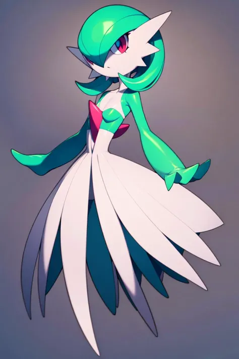 masterpiece, best_quality, 1girl, solo, gardevoir, pokemon \(creature\), green hair, red eyes, white dress
