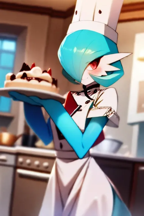 <lora:gardevoir_v2:1>, masterpiece, best_quality, 1girl, solo, gardevoir, creatures \(company\), game freak, Nintendo, Pokemon, Pokemon \(game\), bangs, colored skin, female focus, gen 3 Pokemon, blue hair, blue skin, hair over one eye, multicolored skin, Pokemon \(creature\), red eyes, short hair, two-tone skin, white skin, presenting a delicious looking chocolate cake she cooked on a silver plate, chefs hat, chef's outfit, kitchen, proud smile