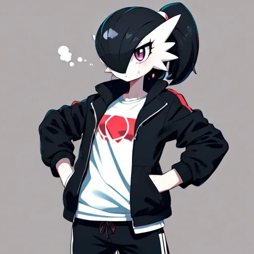 1girl, solo, masterpiece, best_quality, 1girl, solo, gardevoir, pokemon \(creature\), porcelain skin, black hair, ponytail, punk jacket, tshirt, sweatpants, <lora:gardevoir_V1:0.7>