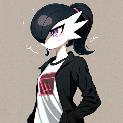 1girl, solo, masterpiece, best_quality, 1girl, solo, gardevoir, pokemon \(creature\), porcelain skin, black hair, ponytail, punk jacket, tshirt, sweatpants, <lora:gardevoir_V1:0.7>