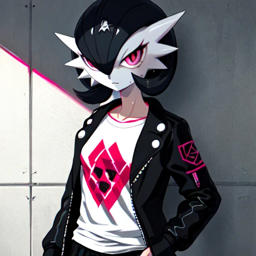 1girl, solo, masterpiece, best_quality, photoshoot, looking at camera, young female gardevoir, (punk hair:1.1), pokemon \(creature\), serious expression, porcelain skin, black hair, punk jacket, tshirt, sweatpants, <lora:gardevoir_V1:0.7>
