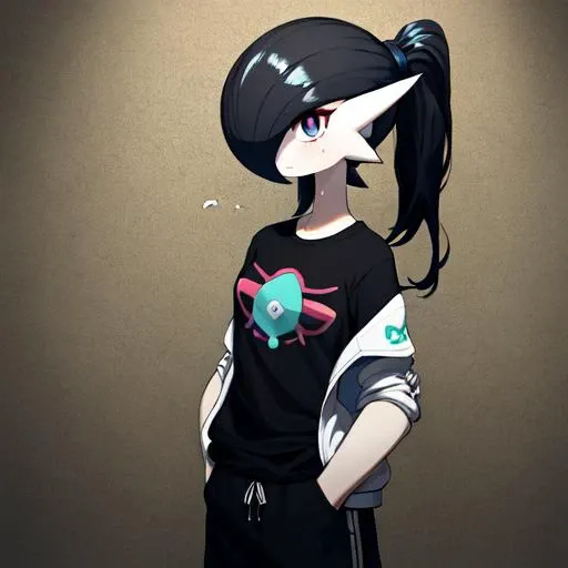 1girl, solo, masterpiece, best_quality, 1girl, solo, gardevoir, pokemon \(creature\), porcelain skin, black hair, ponytail, punk jacket, tshirt, sweatpants, <lora:gardevoir_V1:0.7>