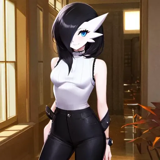 masterpiece, best_quality, 1girl, solo, photoshoot, looking at camera, gardevoir, creatures \(company\), game freak, nintendo, pokemon, pokemon \(game\), black hair, (sideswept punk hair), sleeveless top, black pants, slight smile, blue eyes, white skin, indoors,  <lora:gardevoir_V2:0.6>