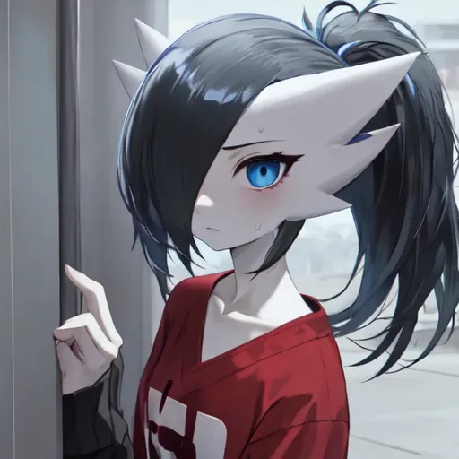 1girl, solo, masterpiece, best_quality, photoshoot, looking at camera, young adult gardevoir, tired expression, pokemon, pokemon \(game\), game freak, nintendo, (porcelain skin), blue eyes, (black hair), (messy hair in ponytail), black cardigan, baggy tshirt, black sweatpants, gen 3 pokemon, pokemon \(creature\), white skin, concrete background, leaning <lora:gardevoir_V2:0.7>